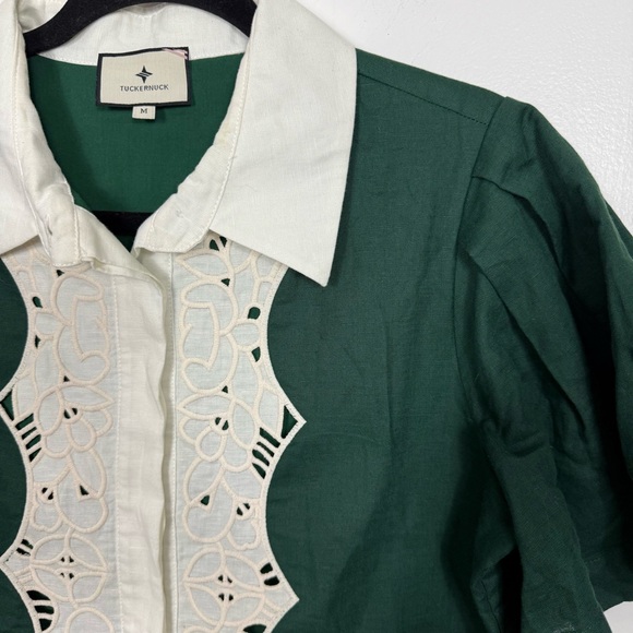 Tuckernuck Dark Green Eyelet Trim Cotton Linen Delilah Dress Size Medium - Picture 3 of 7